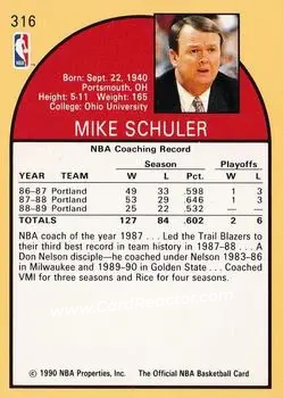 1990-91 Hoops #316 - Mike Schuler - Los Angeles Clippers - Back