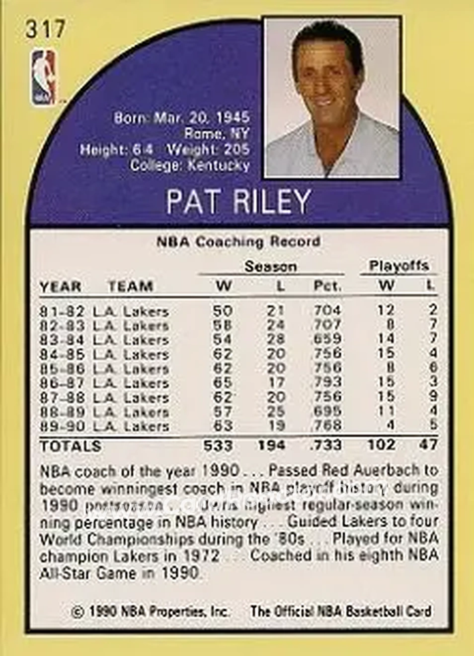 1990-91 Hoops #317 - Pat Riley - Los Angeles Lakers - Back