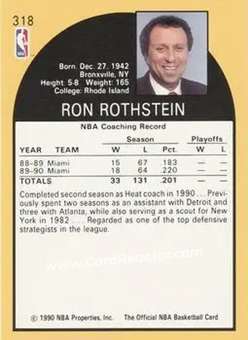 1990-91 Hoops #318 - Ron Rothstein - Miami Heat - Back