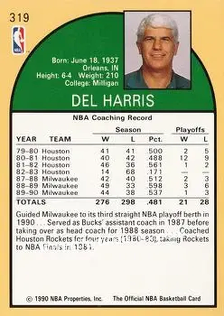 1990-91 Hoops #319 - Del Harris - Milwaukee Bucks - Back