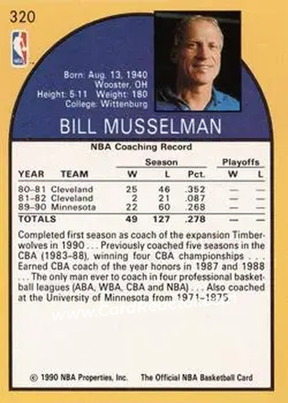 1990-91 Hoops #320 - Bill Musselman - Minnesota Timberwolves - Back