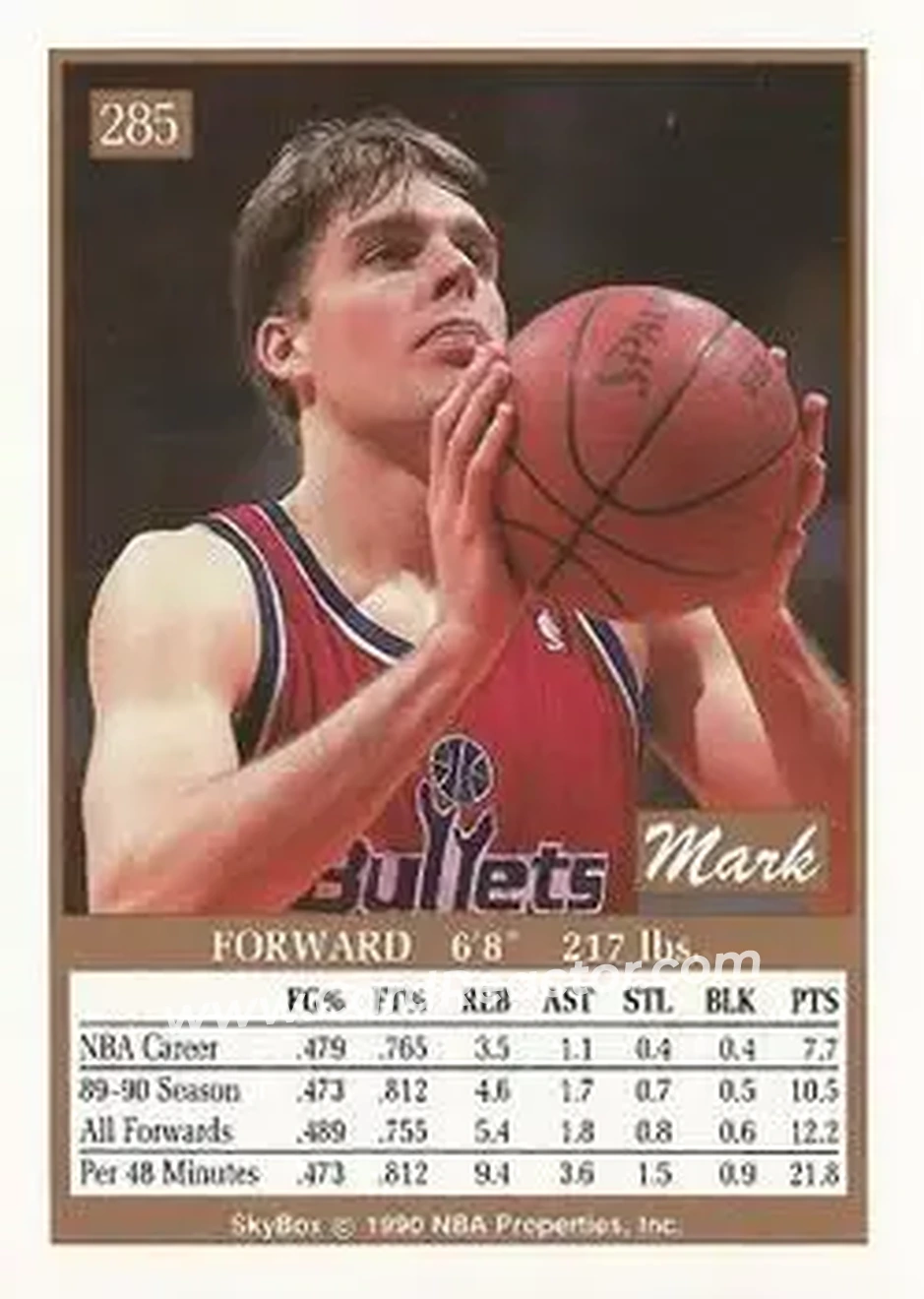 1990-91 SkyBox #285 - Mark Alarie - Washington Bullets - Back