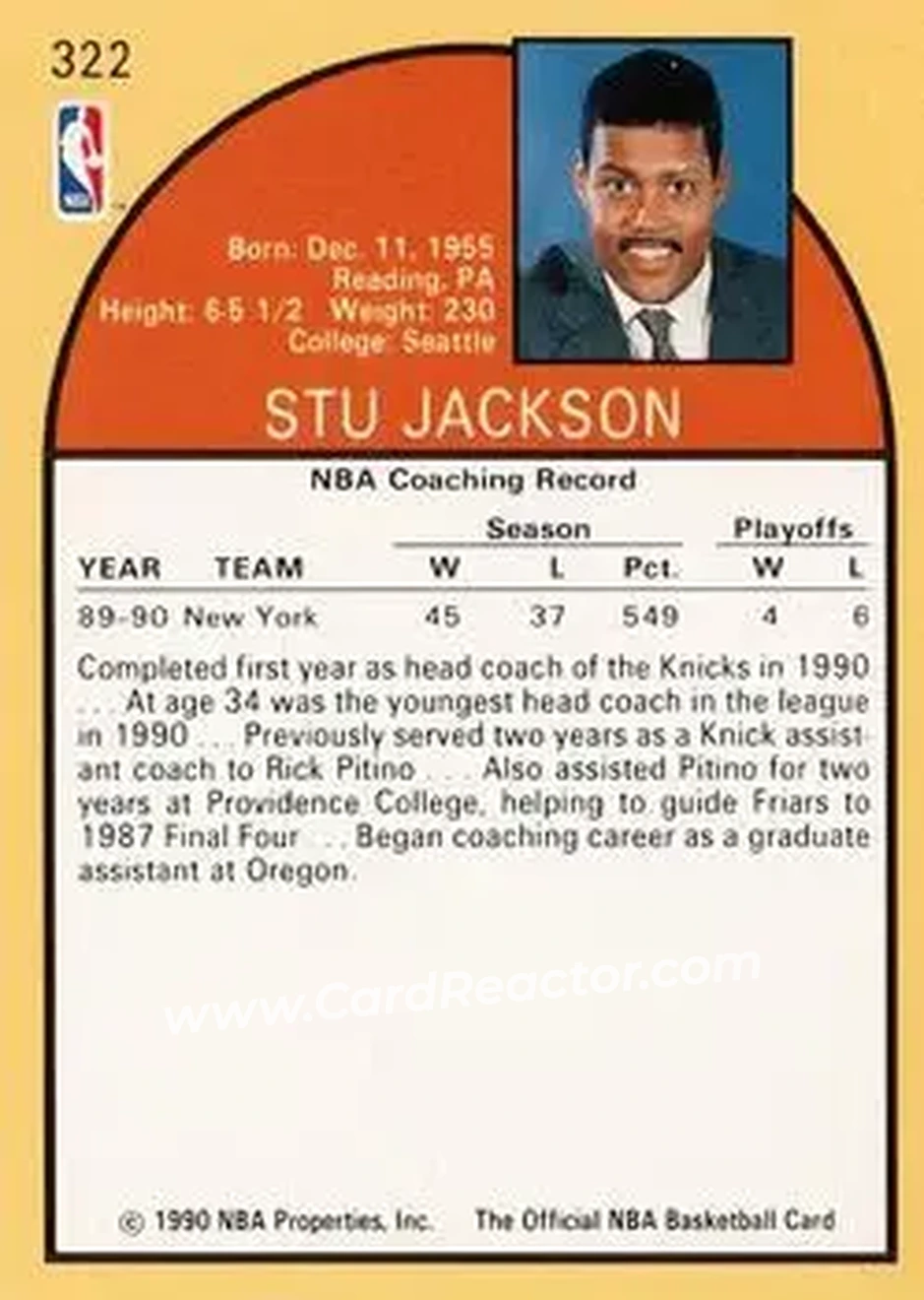 1990-91 Hoops #322 - Stu Jackson - New York Knicks - Back 1990-91 Hoops #322 - Stu Jackson - New York Knicks - Back