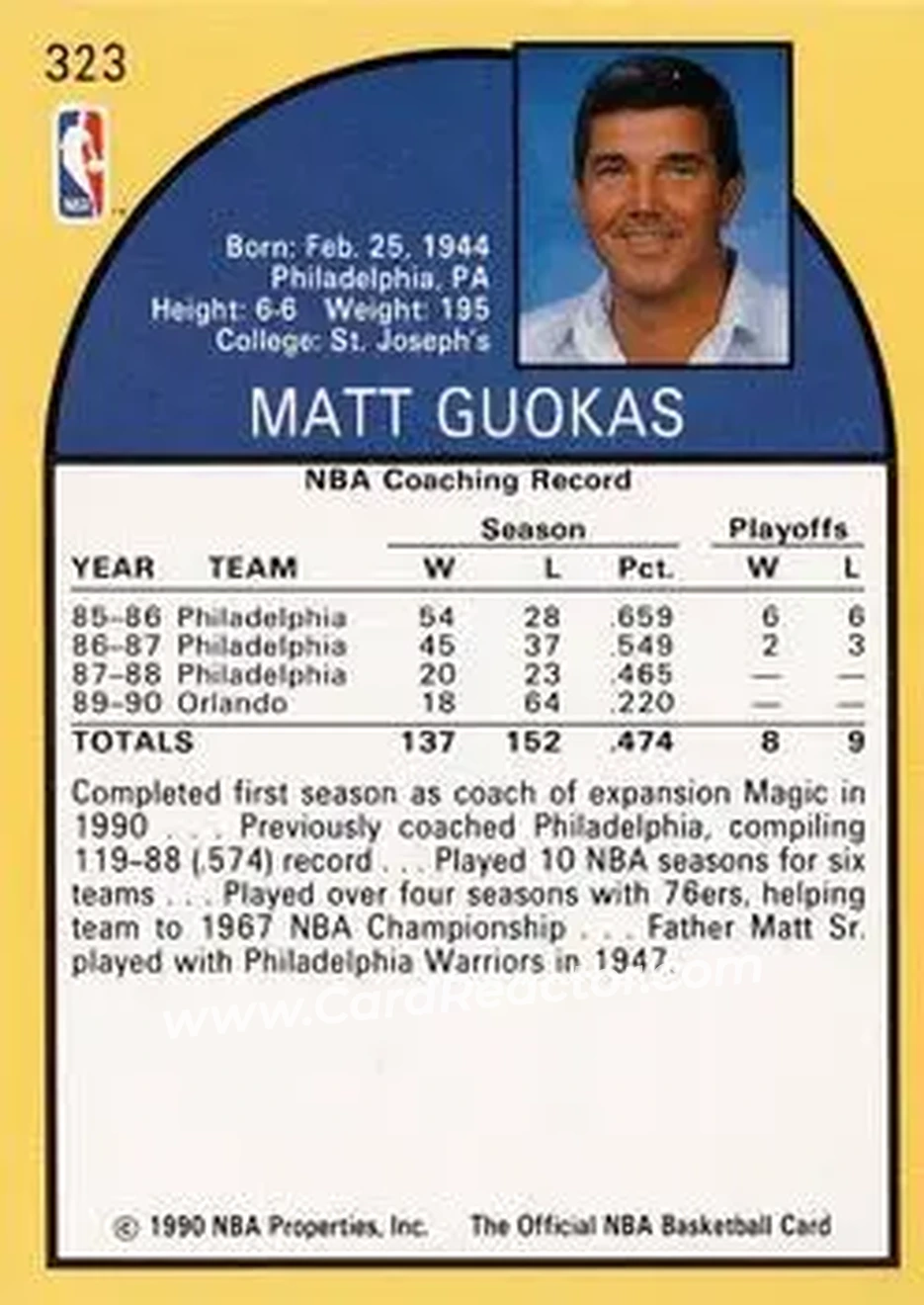 1990-91 Hoops #323 - Matt Guokas - Orlando Magic - Back