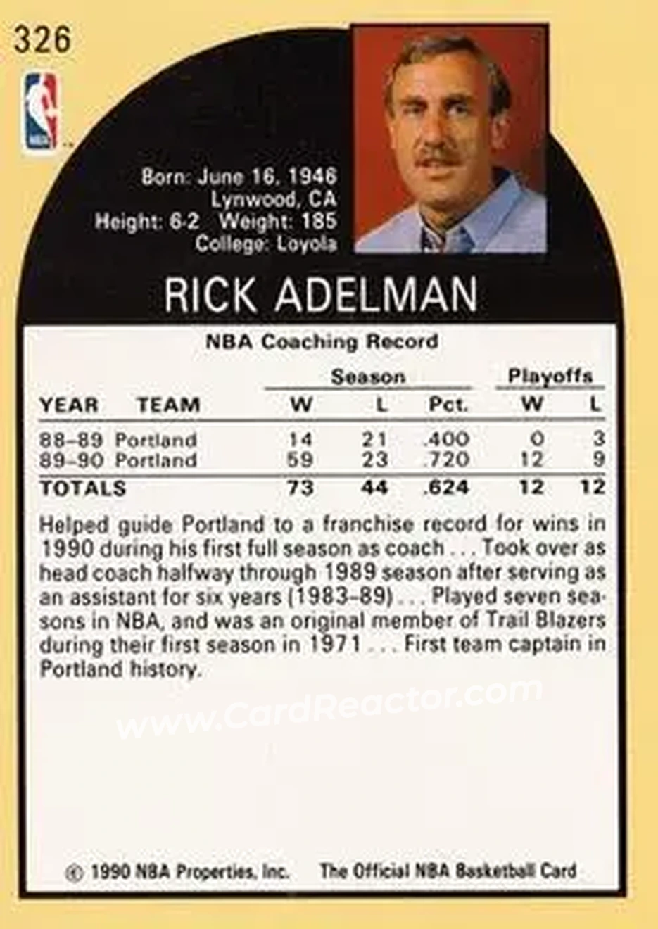 1990-91 Hoops #326 - Rick Adelman - Portland Trail Blazers - Back 1990-91 Hoops #326 - Rick Adelman - Portland Trail Blazers - Back