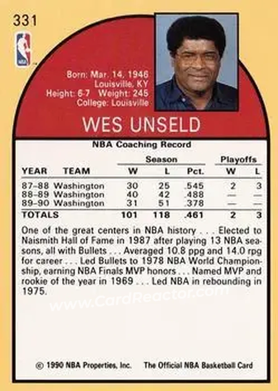 1990-91 Hoops #331 - Wes Unseld - Washington Bullets - Back