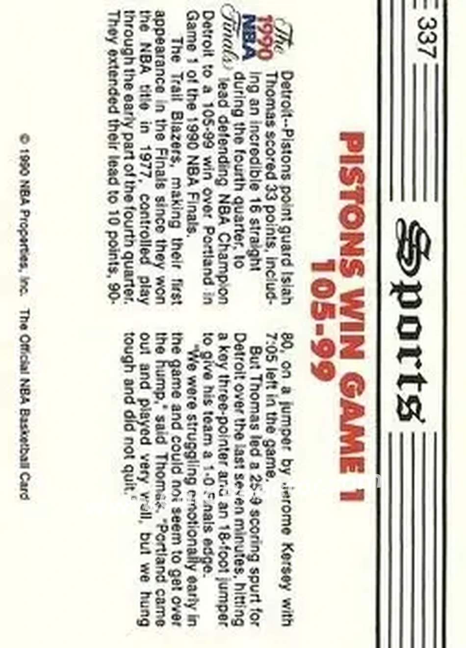 1990-91 Hoops #337 - Card #337 - Detroit Pistons - Back