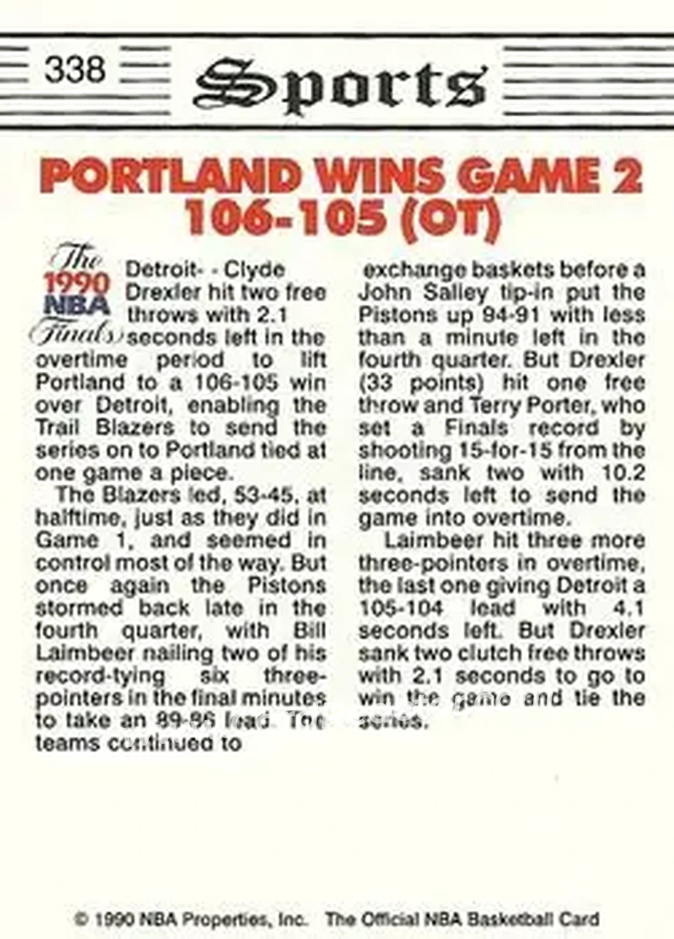1990-91 Hoops #338 - Card #338 - Portland Trail Blazers - Back 1990-91 Hoops #338 - Card #338 - Portland Trail Blazers - Back