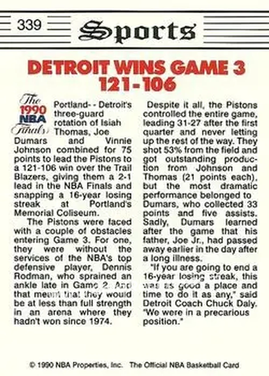 1990-91 Hoops #339 - Card #339 - Detroit Pistons - Back 1990-91 Hoops #339 - Card #339 - Detroit Pistons - Back