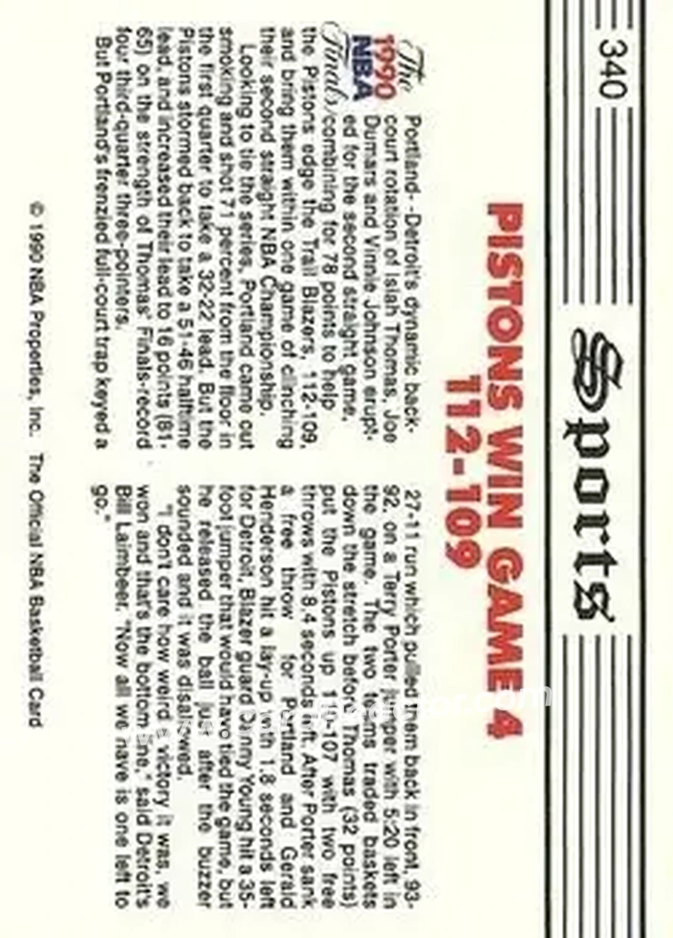 1990-91 Hoops #340 - Card #340 - Detroit Pistons - Back 1990-91 Hoops #340 - Card #340 - Detroit Pistons - Back