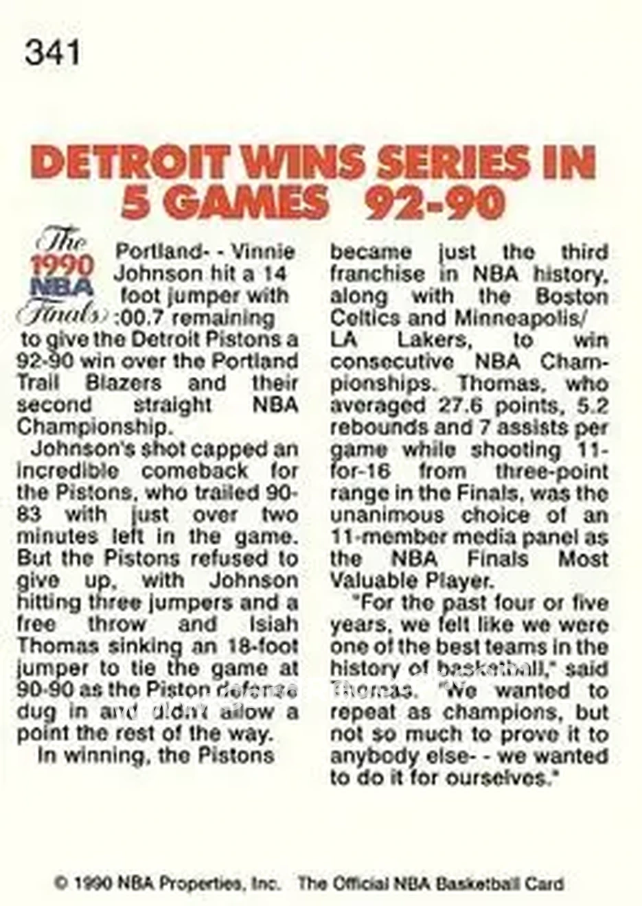 1990-91 Hoops #341 - Card #341 - Detroit Pistons - Back 1990-91 Hoops #341 - Card #341 - Detroit Pistons - Back