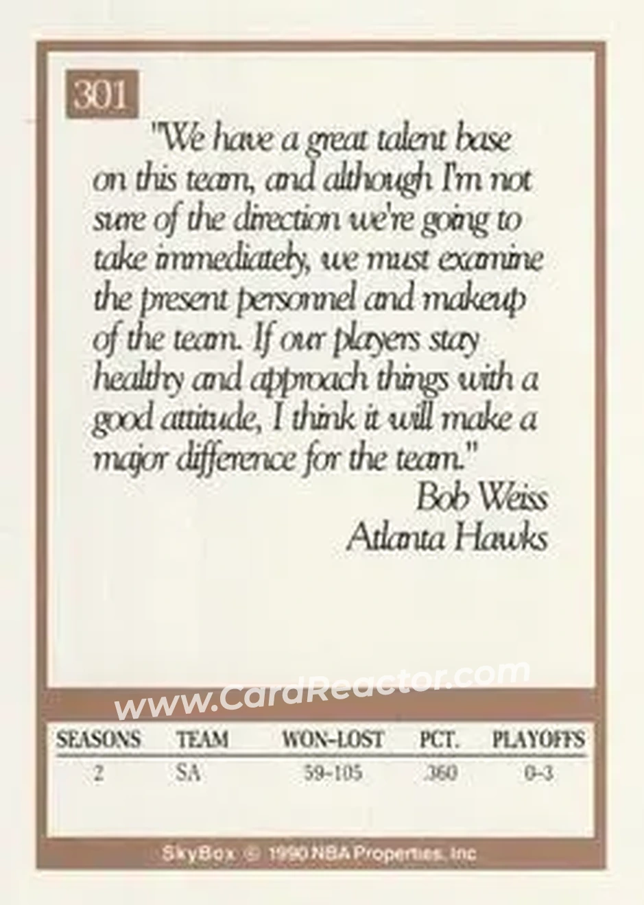 1990-91 SkyBox #301 - Bob Weiss - Atlanta Hawks - Back