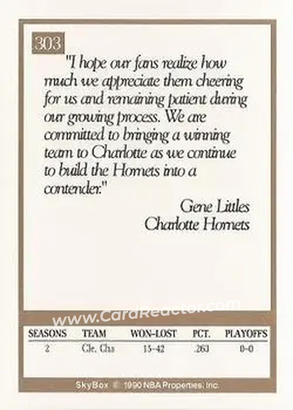 1990-91 SkyBox #303 - Gene Littles - Charlotte Hornets - Back