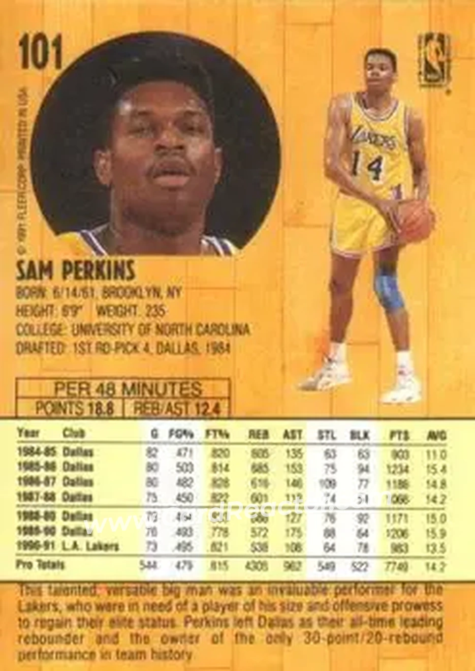 1991-92 Fleer #101 - Sam Perkins - Los Angeles Lakers - Back