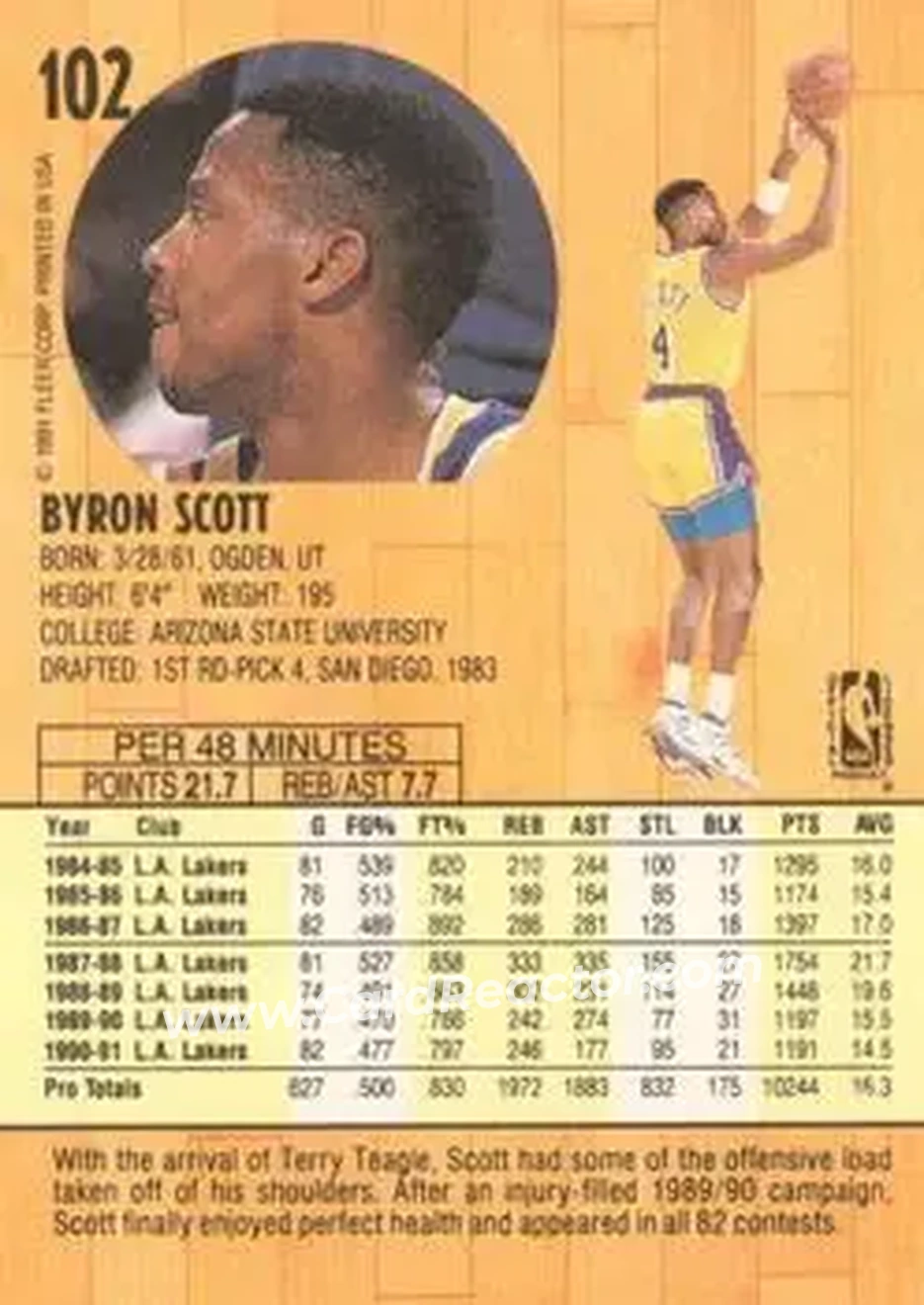 1991-92 Fleer #102 - Byron Scott - Los Angeles Lakers - Back