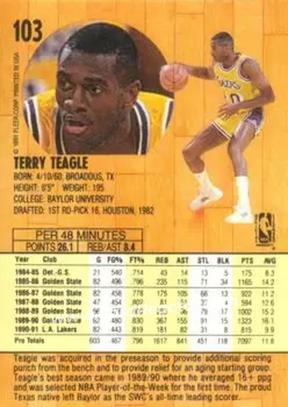 1991-92 Fleer #103 - Terry Teagle - Los Angeles Lakers - Back
