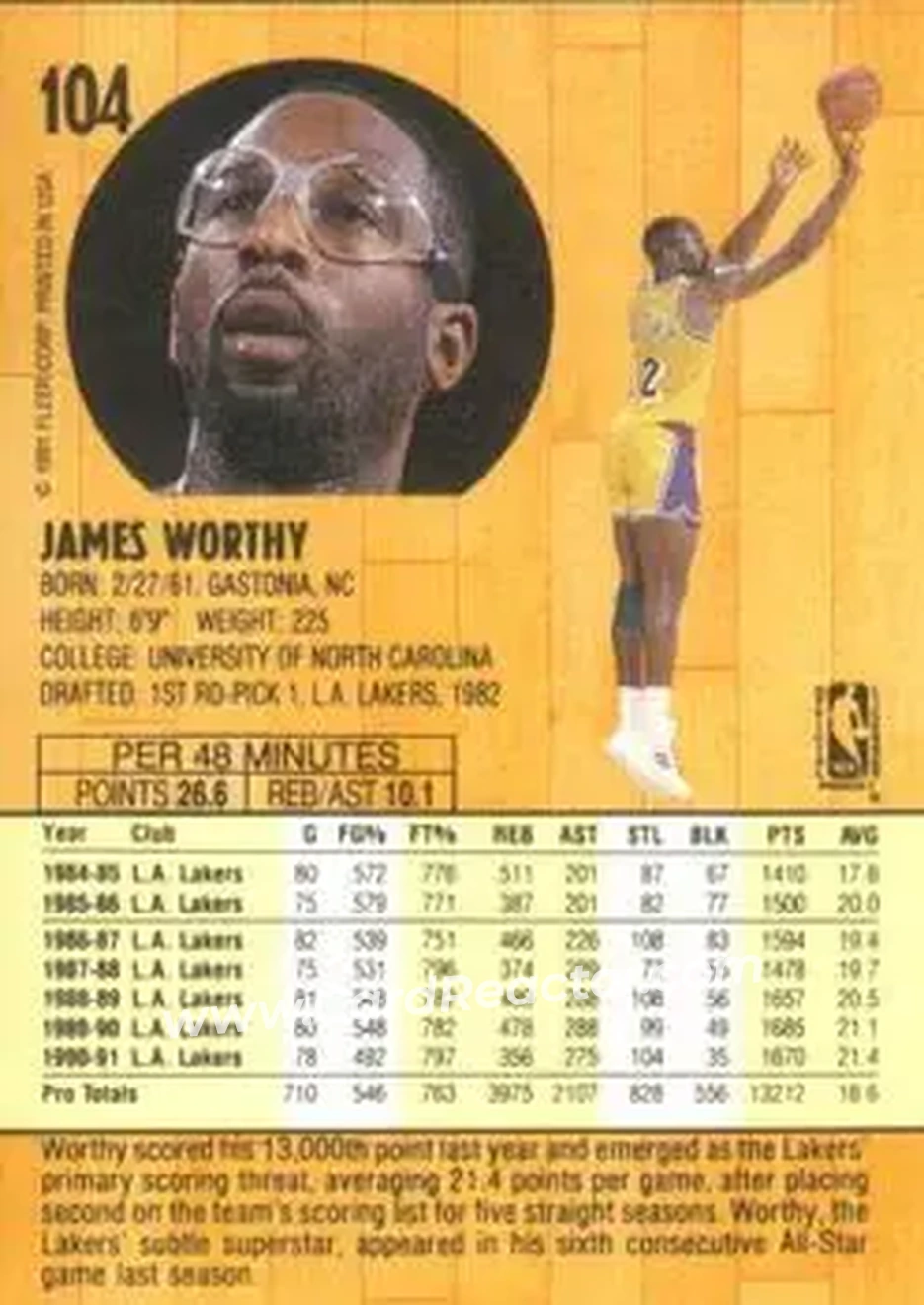 1991-92 Fleer #104 - James Worthy - Los Angeles Lakers - Back 1991-92 Fleer #104 - James Worthy - Los Angeles Lakers - Back