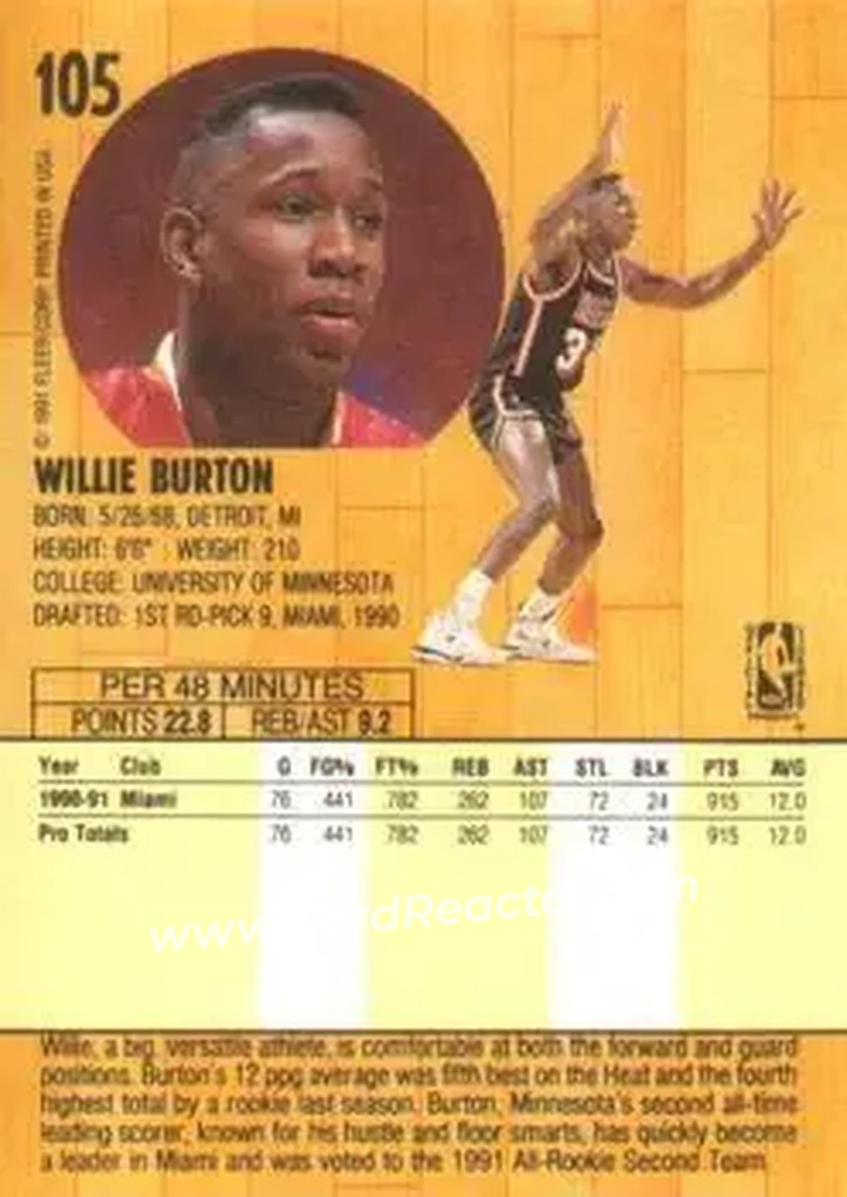 1991-92 Fleer #105 - Willie Burton - Miami Heat - Back