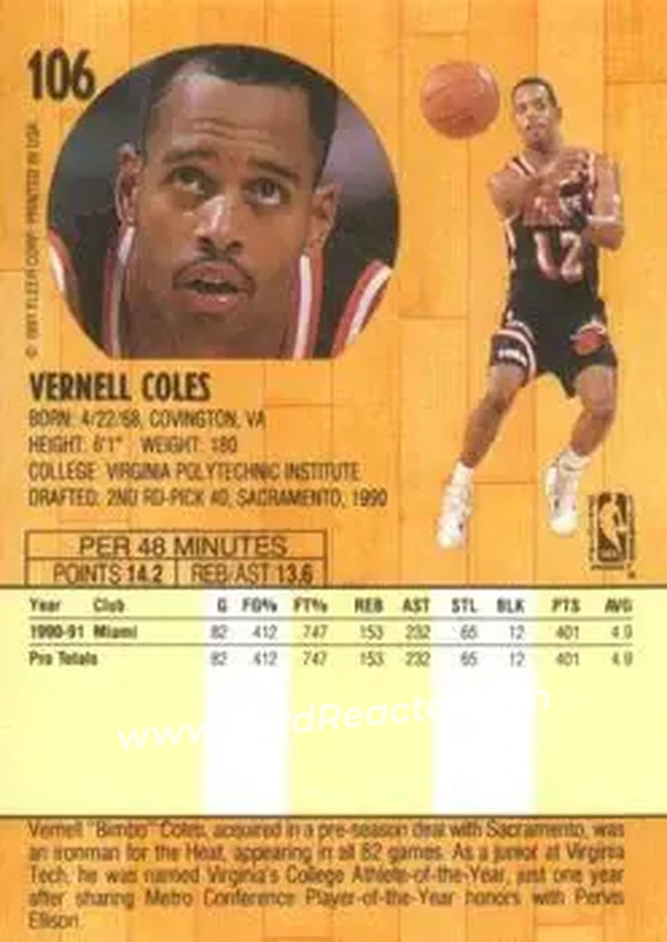 1991-92 Fleer #106 - Bimbo Coles - Miami Heat - Back