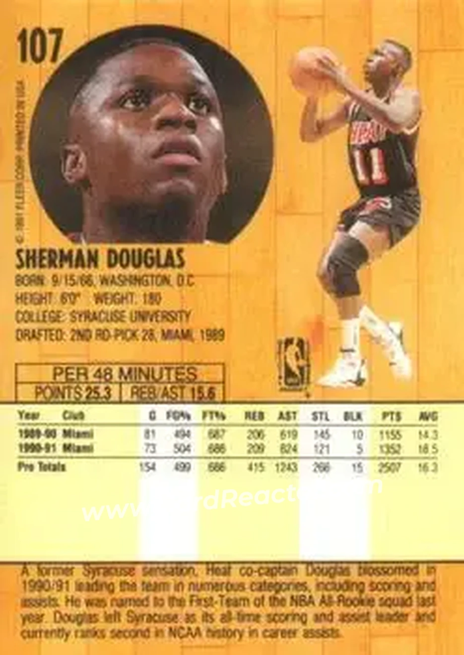 1991-92 Fleer #107 - Sherman Douglas - Miami Heat - Back