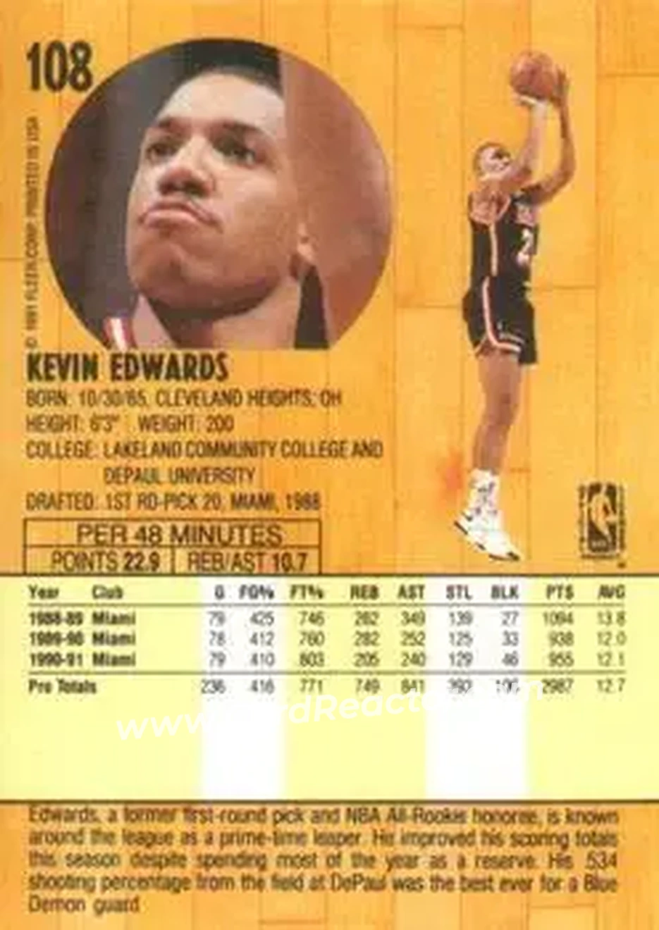 1991-92 Fleer #108 - Kevin Edwards - Miami Heat - Back