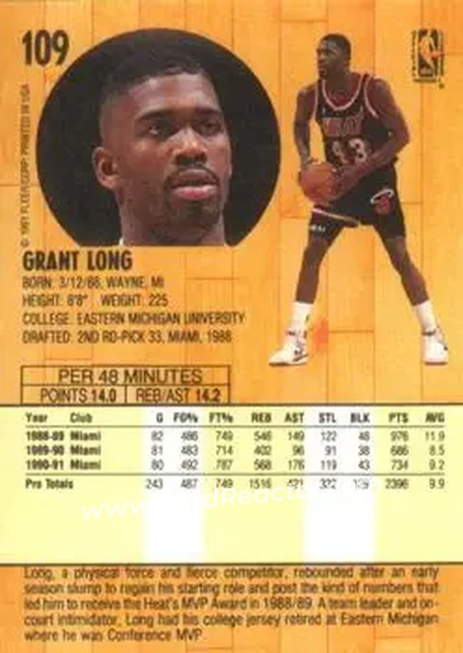 1991-92 Fleer #109 - Grant Long - Miami Heat - Back