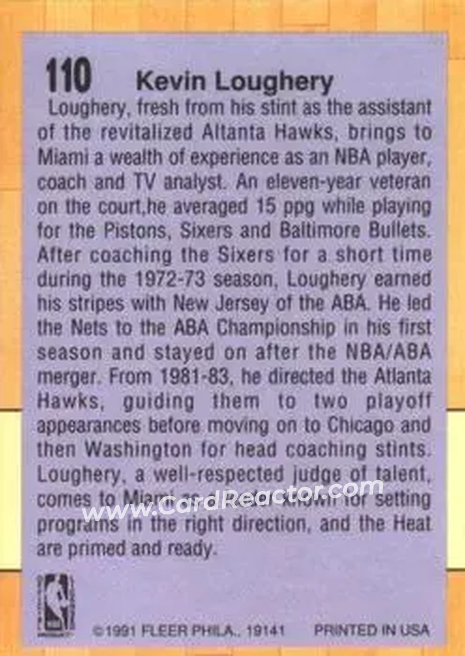 1991-92 Fleer #110 - Kevin Loughery - Miami Heat - Back 1991-92 Fleer #110 - Kevin Loughery - Miami Heat - Back