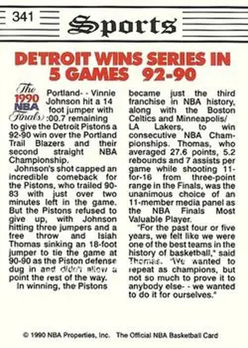 1990-91 Hoops #341 - Card #341 - Detroit Pistons - Back 1990-91 Hoops #341 - Card #341 - Detroit Pistons - Back
