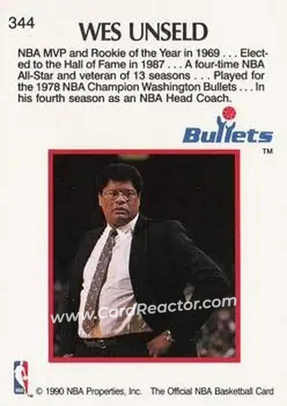 1990-91 Hoops #344 - Wes Unseld - Washington Bullets - Back
