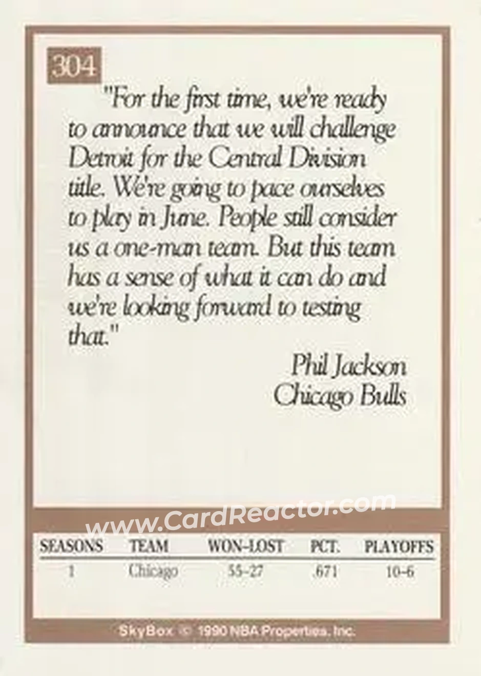 1990-91 SkyBox #304 - Phil Jackson - Chicago Bulls - Back 1990-91 SkyBox #304 - Phil Jackson - Chicago Bulls - Back