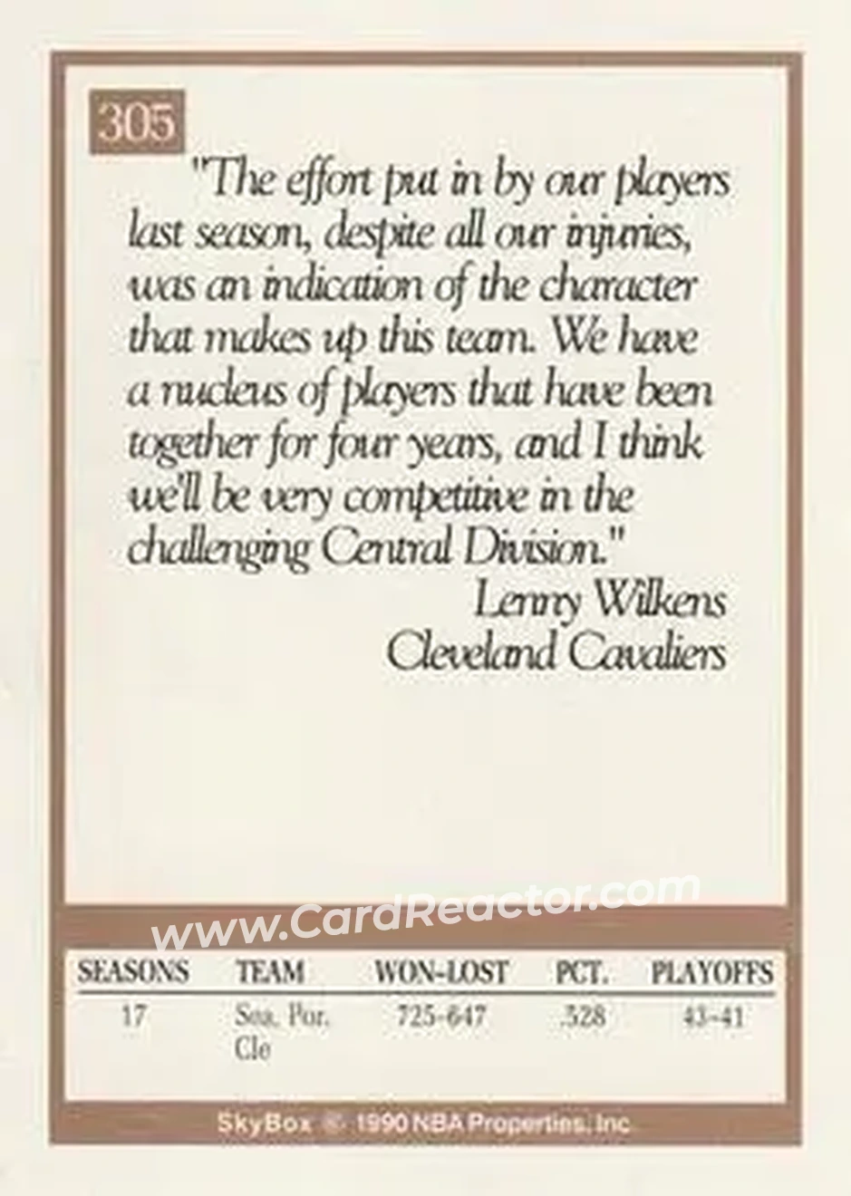 1990-91 SkyBox #305 - Lenny Wilkens - Cleveland Cavaliers - Back 1990-91 SkyBox #305 - Lenny Wilkens - Cleveland Cavaliers - Back