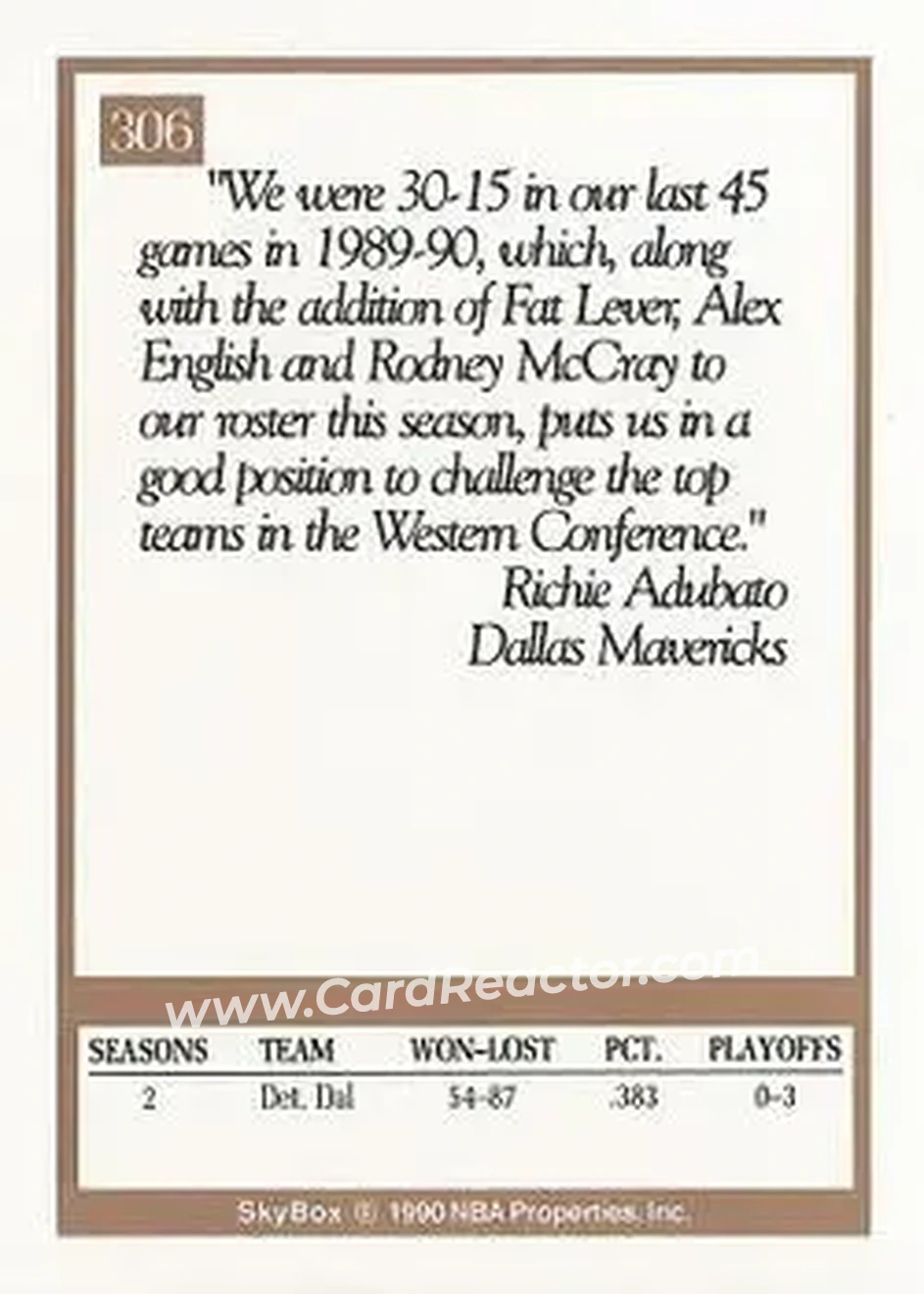 1990-91 SkyBox #306 - Richie Adubato - Dallas Mavericks - Back 1990-91 SkyBox #306 - Richie Adubato - Dallas Mavericks - Back