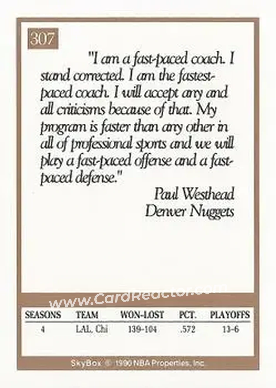 1990-91 SkyBox #307 - Paul Westhead - Denver Nuggets - Back