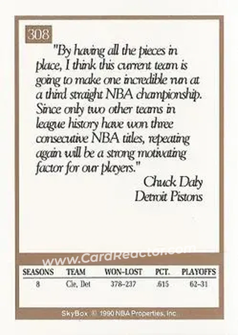 1990-91 SkyBox #308 - Chuck Daly - Detroit Pistons - Back 1990-91 SkyBox #308 - Chuck Daly - Detroit Pistons - Back