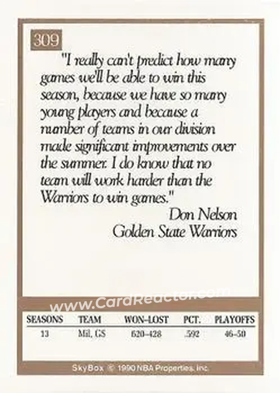 1990-91 SkyBox #309 - Don Nelson - Golden State Warriors - Back
