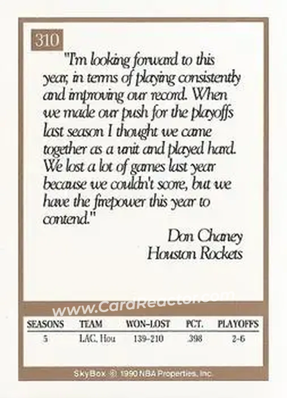 1990-91 SkyBox #310 - Don Chaney - Houston Rockets - Back