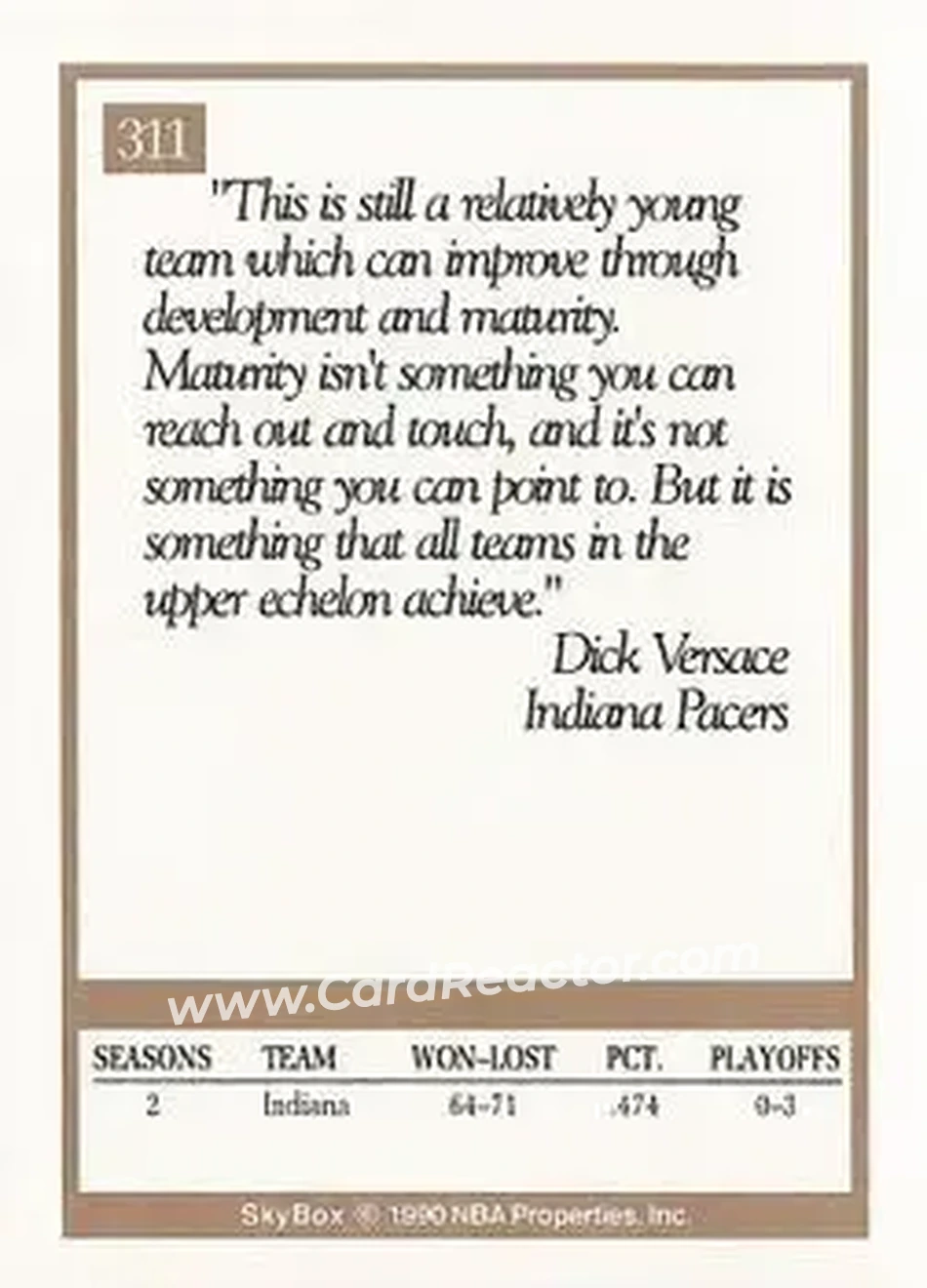 1990-91 SkyBox #311 - Dick Versace - Indiana Pacers - Back 1990-91 SkyBox #311 - Dick Versace - Indiana Pacers - Back