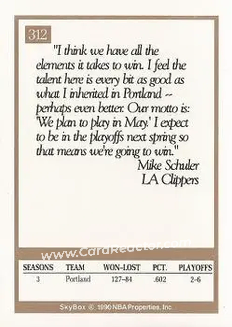 1990-91 SkyBox #312 - Mike Schuler - Los Angeles Clippers - Back 1990-91 SkyBox #312 - Mike Schuler - Los Angeles Clippers - Back