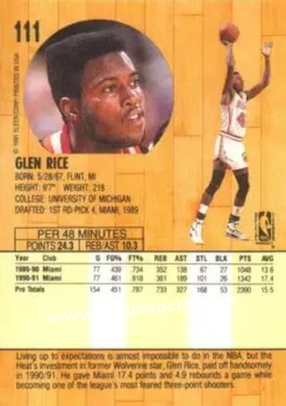 1991-92 Fleer #111 - Glen Rice - Miami Heat - Back