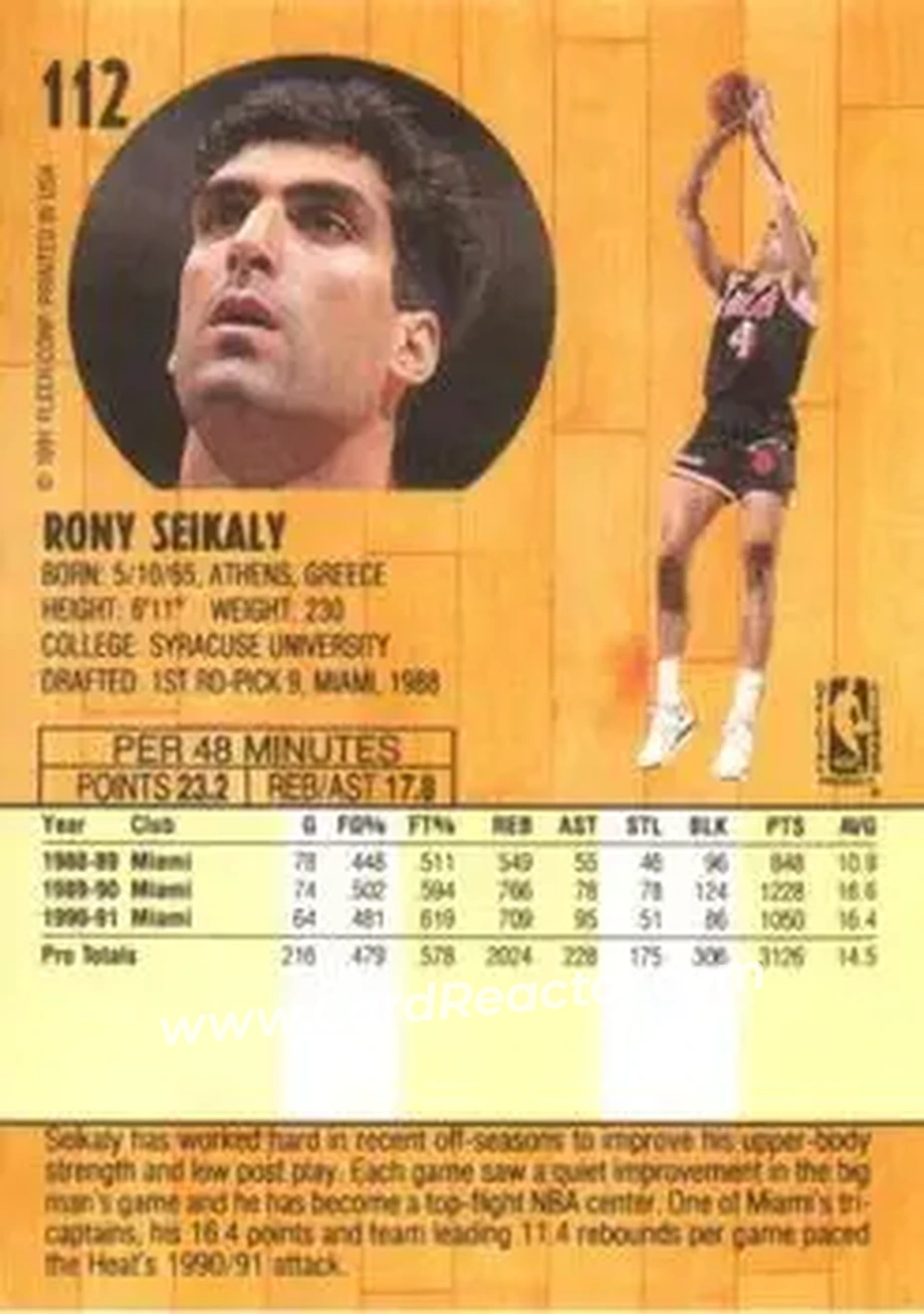 1991-92 Fleer #112 - Rony Seikaly - Miami Heat - Back