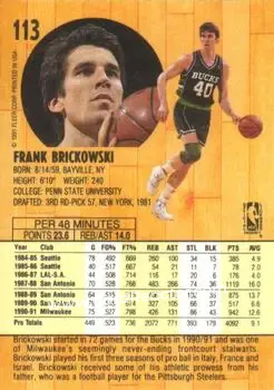 1991-92 Fleer #113 - Frank Brickowski - Milwaukee Bucks - Back