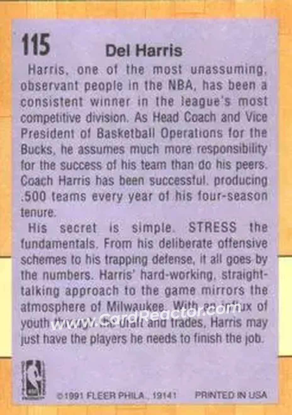 1991-92 Fleer #115 - Del Harris - Milwaukee Bucks - Back