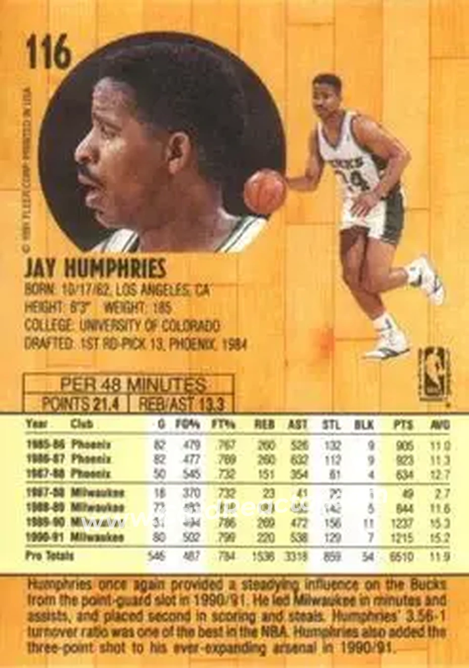 1991-92 Fleer #116 - Jay Humphries - Milwaukee Bucks - Back