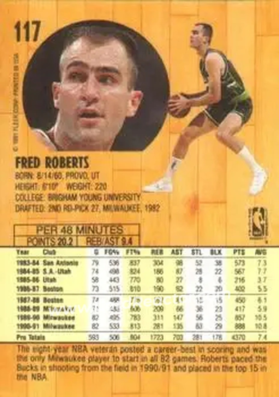 1991-92 Fleer #117 - Fred Roberts - Milwaukee Bucks - Back