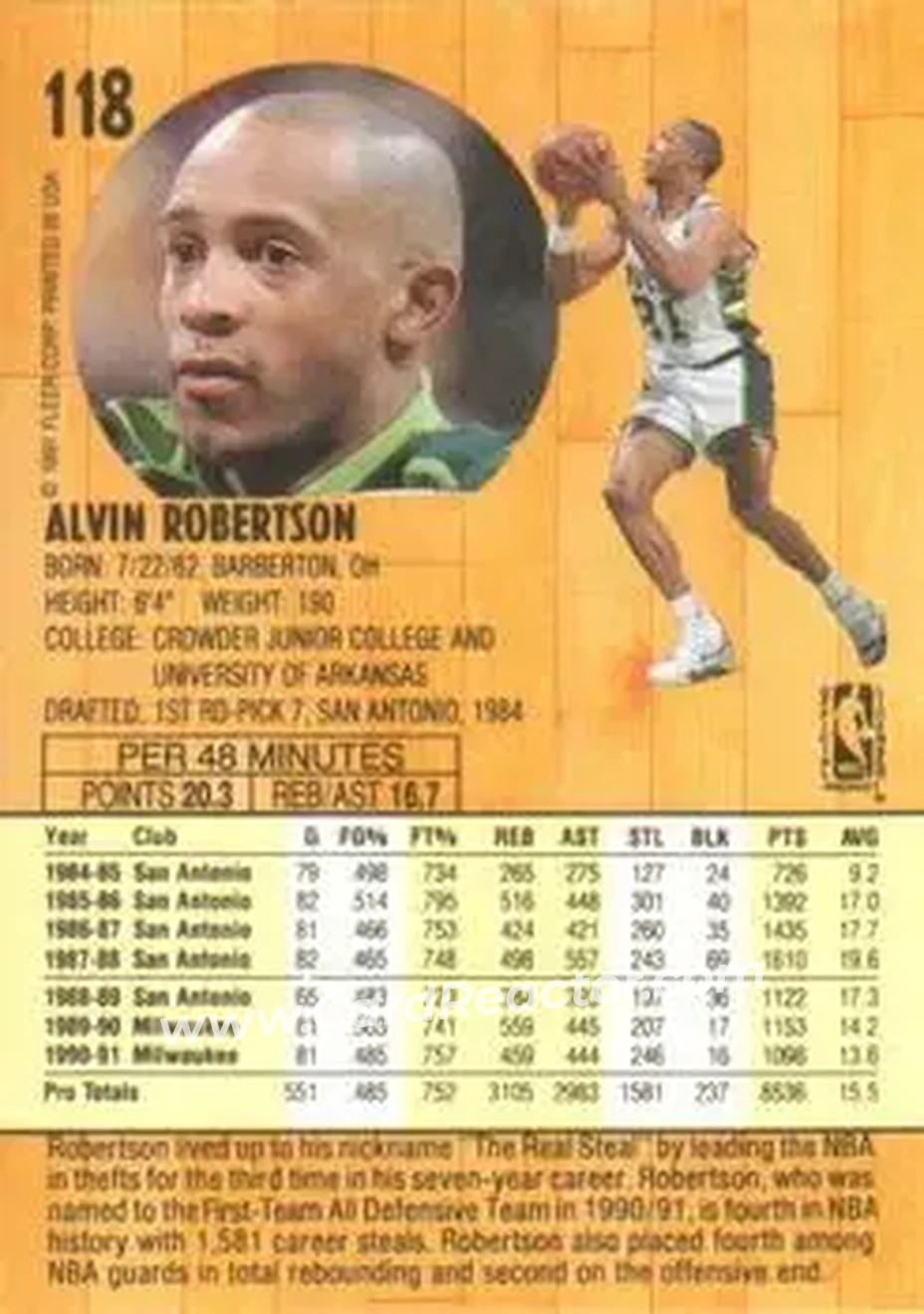 1991-92 Fleer #118 - Alvin Robertson - Milwaukee Bucks - Back 1991-92 Fleer #118 - Alvin Robertson - Milwaukee Bucks - Back