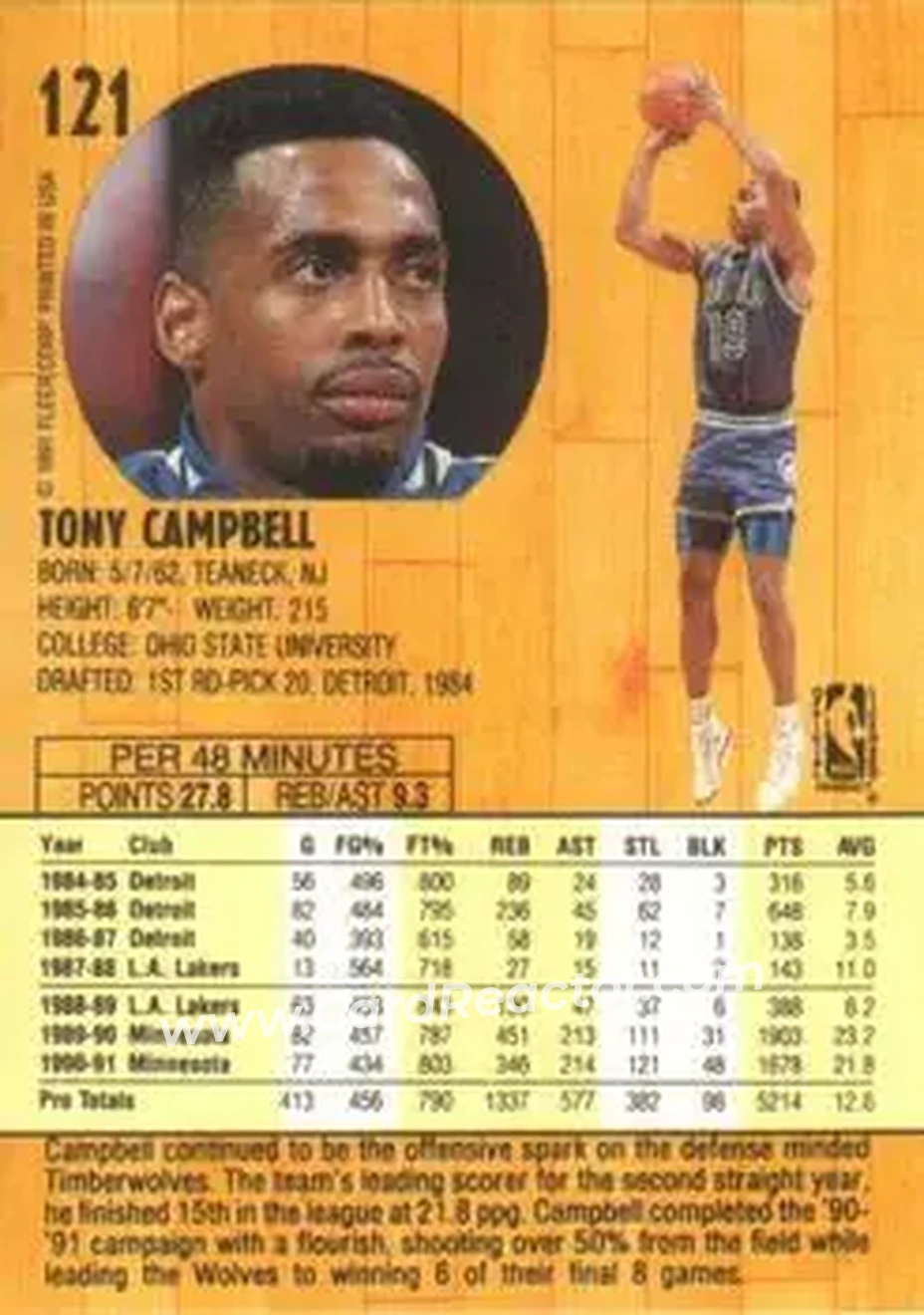 1991-92 Fleer #121 - Tony Campbell - Minnesota Timberwolves - Back