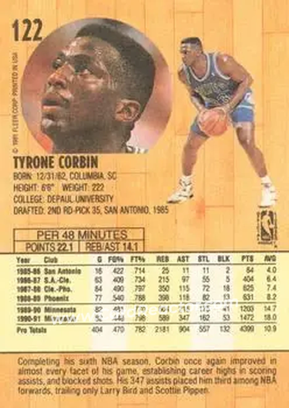 1991-92 Fleer #122 - Tyrone Corbin - Minnesota Timberwolves - Back 1991-92 Fleer #122 - Tyrone Corbin - Minnesota Timberwolves - Back