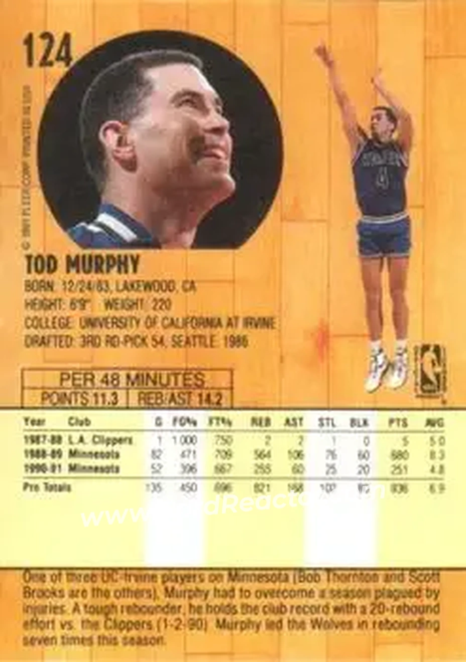 1991-92 Fleer #124 - Tod Murphy - Minnesota Timberwolves - Back