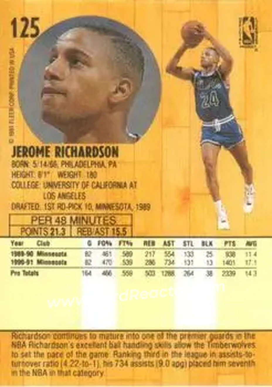 1991-92 Fleer #125 - Pooh Richardson - Minnesota Timberwolves - Back 1991-92 Fleer #125 - Pooh Richardson - Minnesota Timberwolves - Back
