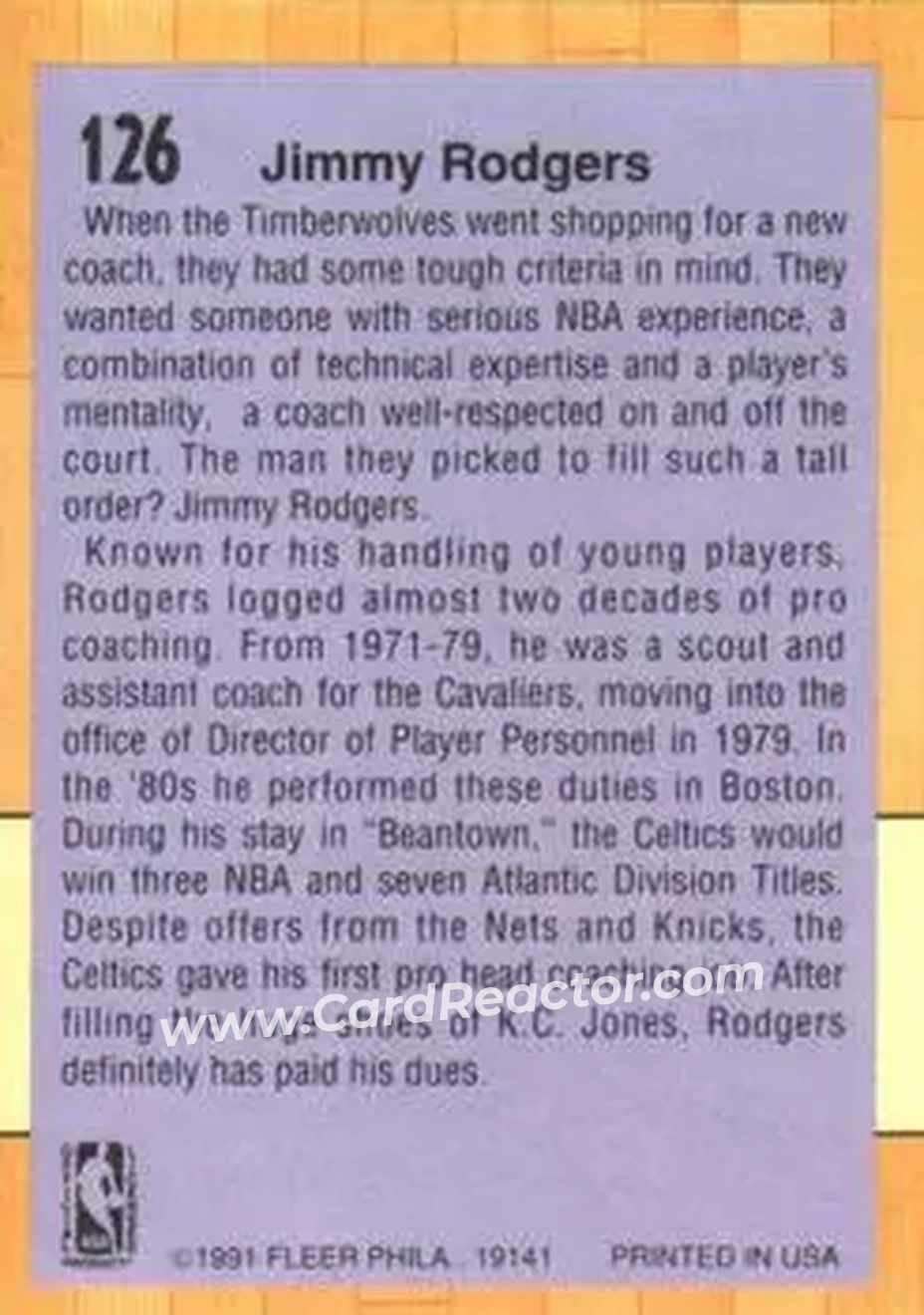 1991-92 Fleer #126 - Jimmy Rodgers - Minnesota Timberwolves - Back 1991-92 Fleer #126 - Jimmy Rodgers - Minnesota Timberwolves - Back